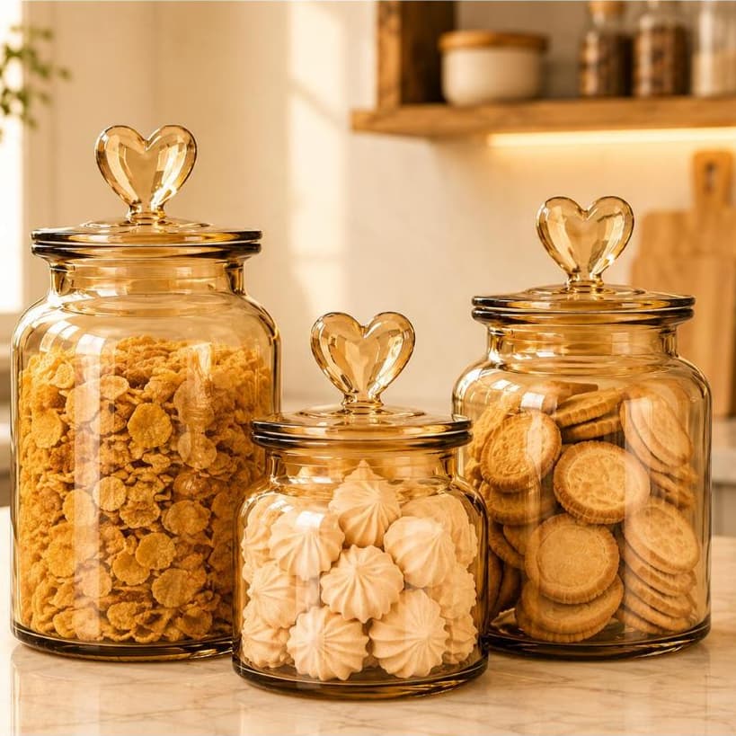 Pote Vidro Âmbar Hermético Decor Afeto Coração