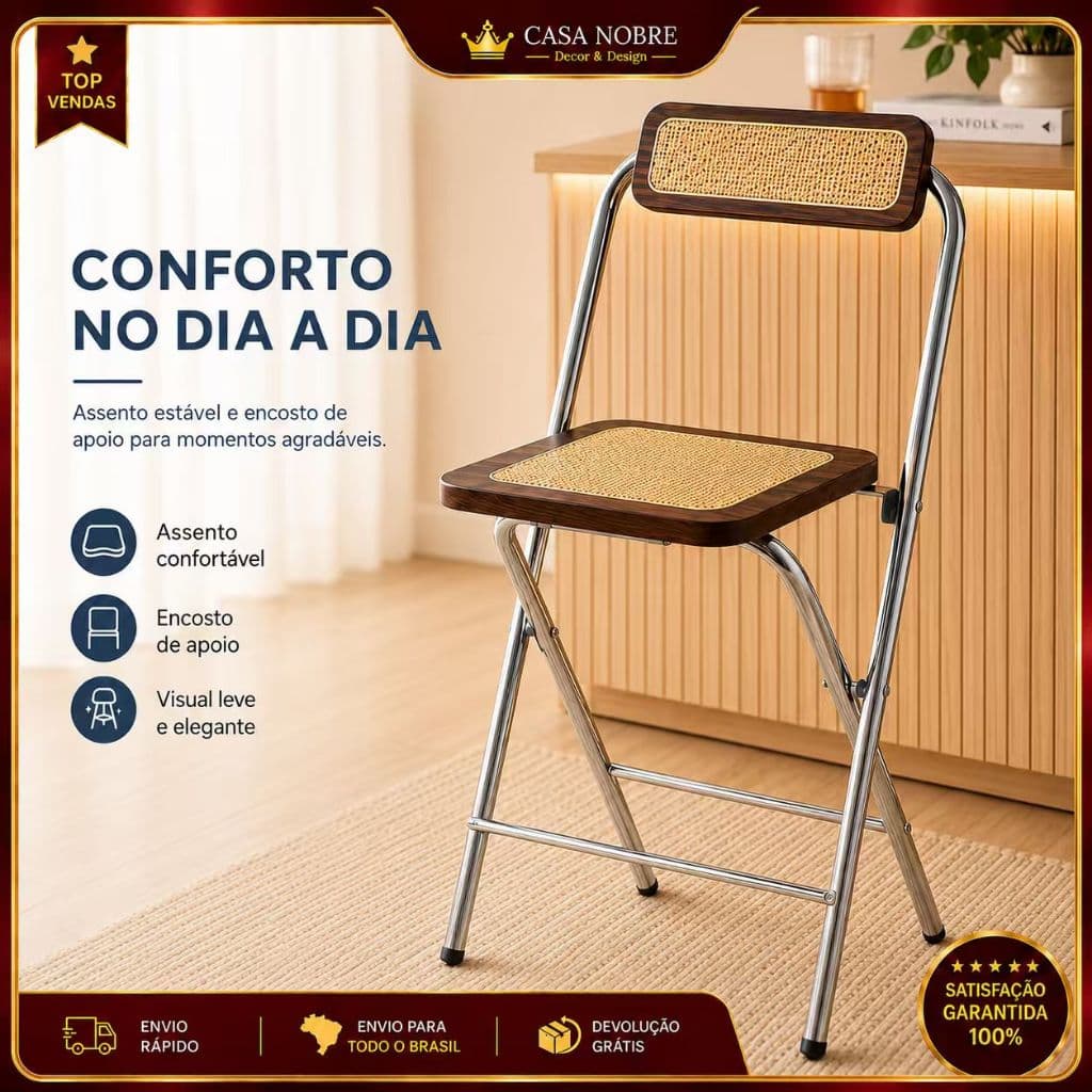 Banqueta Bar Dobrável Com Assento E Encosto Em Rattan, Estrutura Metálica Cromada, Para Cozinha E Balcão Interno
