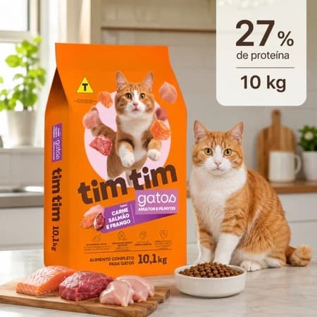 Ração Premium 10,1kg Frango Carne Peixe para Gatos Todos Portes Alta Nutrição 27% Proteina Promoção Filhotes e Adultos