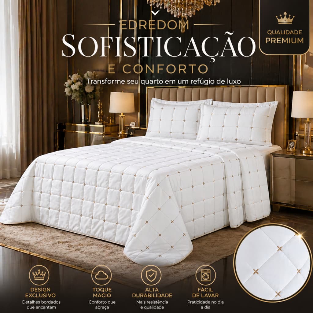 Colcha Cobre Leito Luxo Bordada Micropercal 400 Fios Ultra Macio Edredom Kit