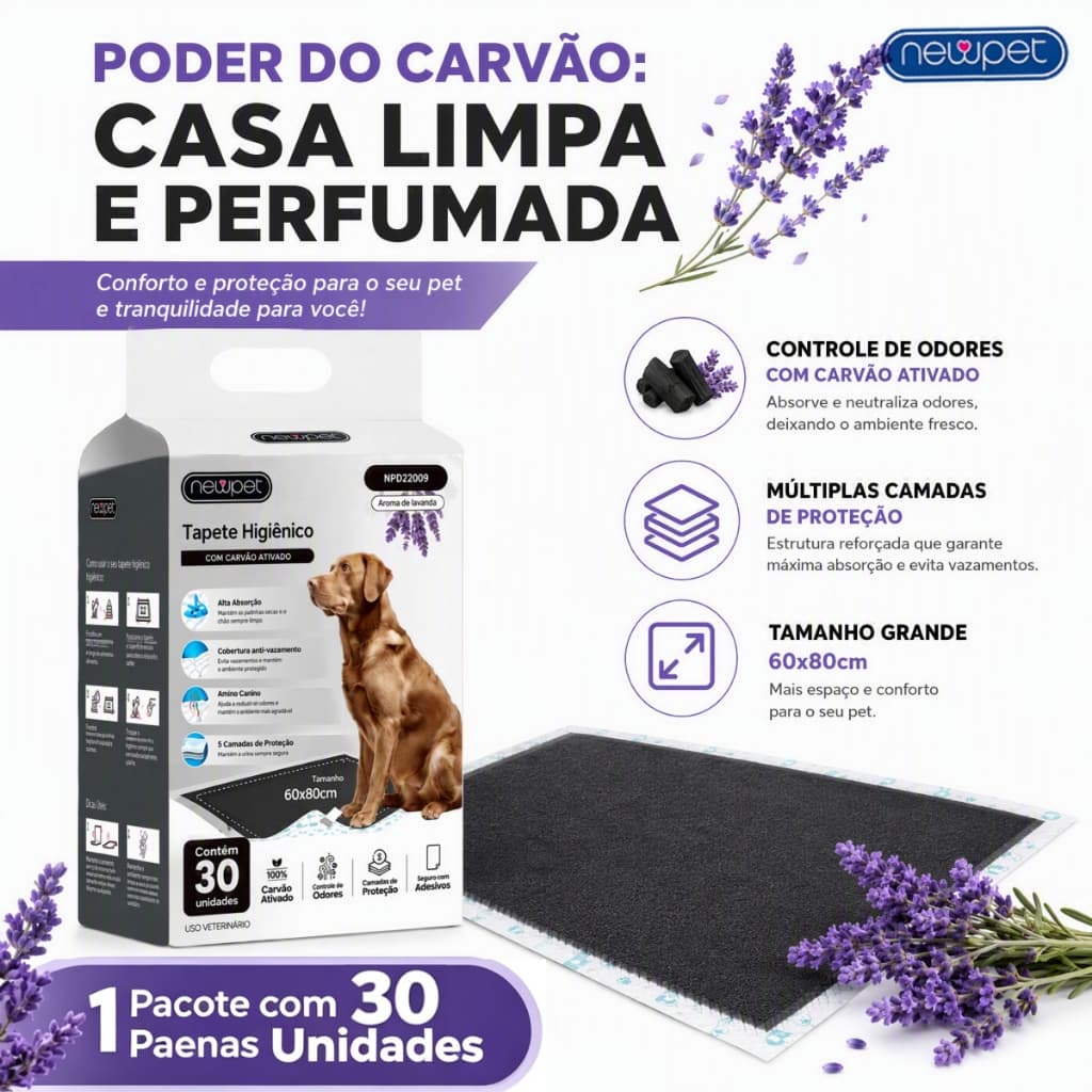 Tapete Higiênico Cães Carvão Bambu Ativado Aroma Lavanda 30 Unidades Absorvente Anti Odor Tamanho 60x60cm / 80x60cm