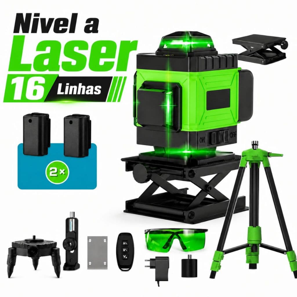 Kit Nível A Laser Verde 16 Linhas Esquadro + Suporte + Tripé Recarregável Profissional Prumo Autonivelante Óculos