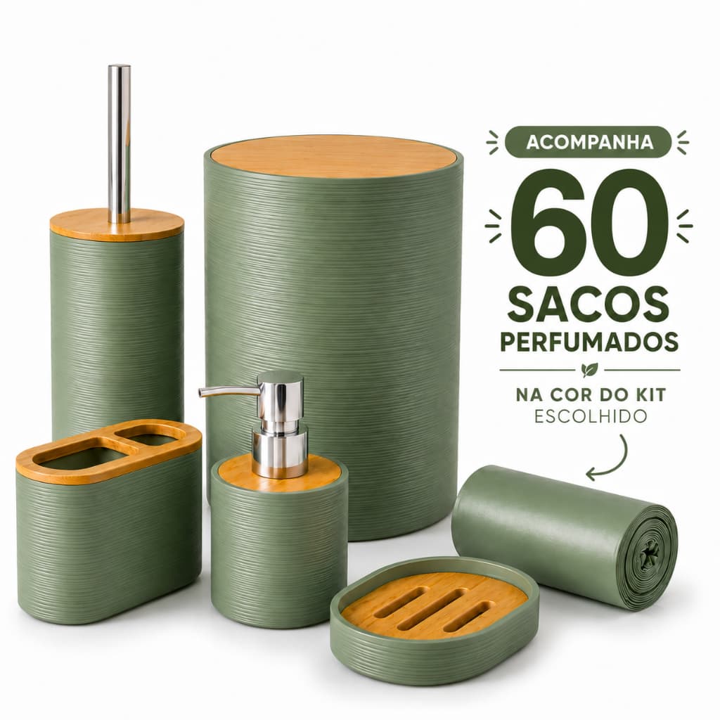 Kit Banheiro Lavabo 5 Peças Completo Lixeira Tampa Bambu Dispenser Porta Sabonete Saboneteira Escova