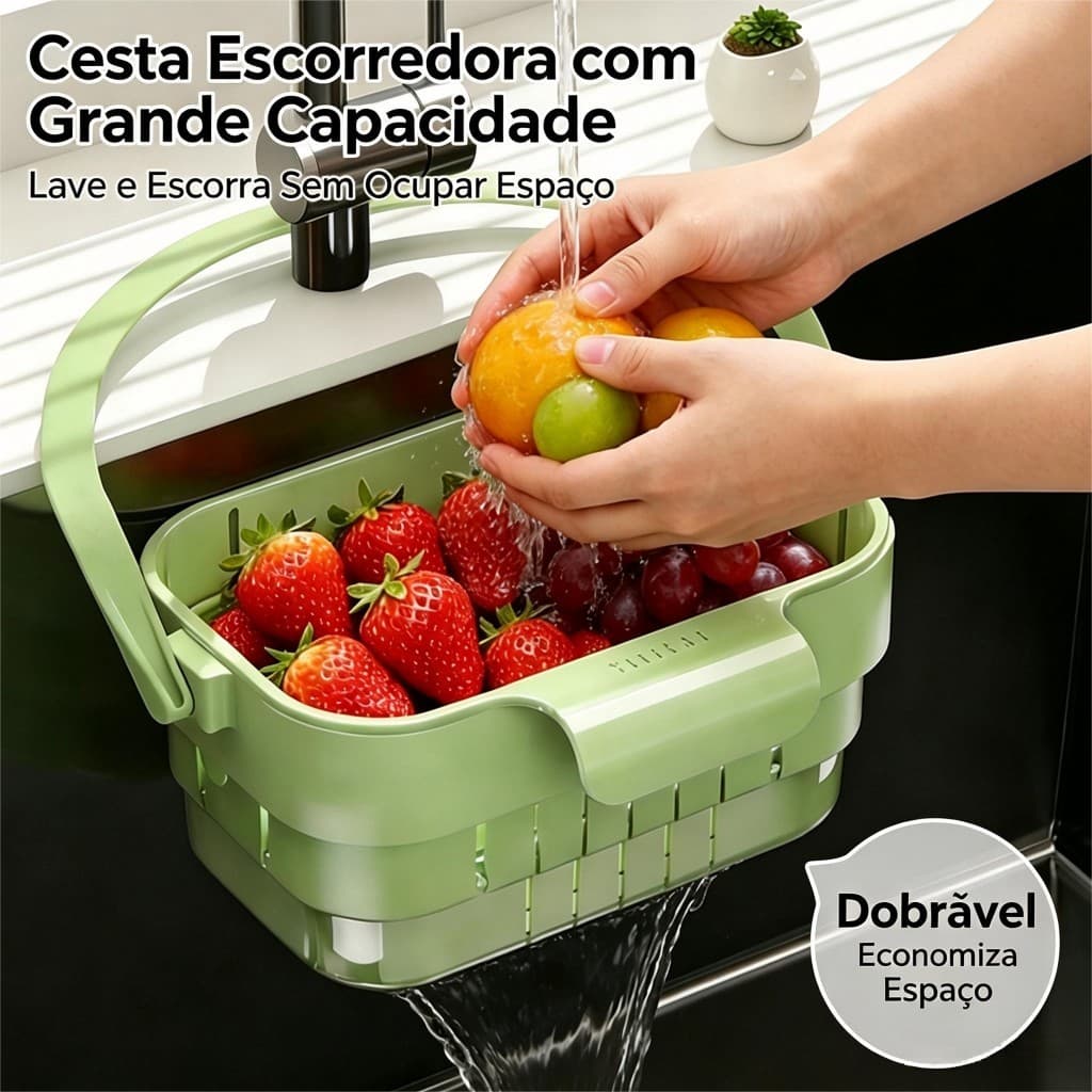 Cesta Escorredora Plástica com Alça, Multiuso Cozinha para Frutas, Legumes e Massa