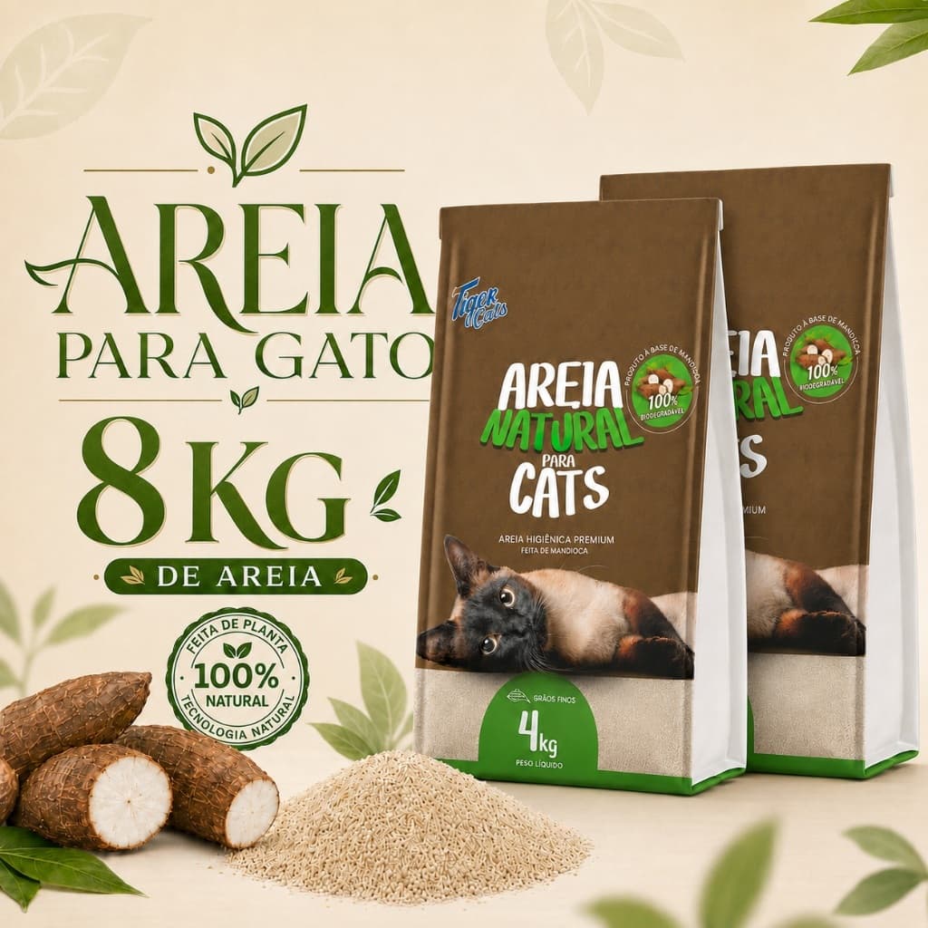 Areia Gato Mandioca Biodegradável 8kg