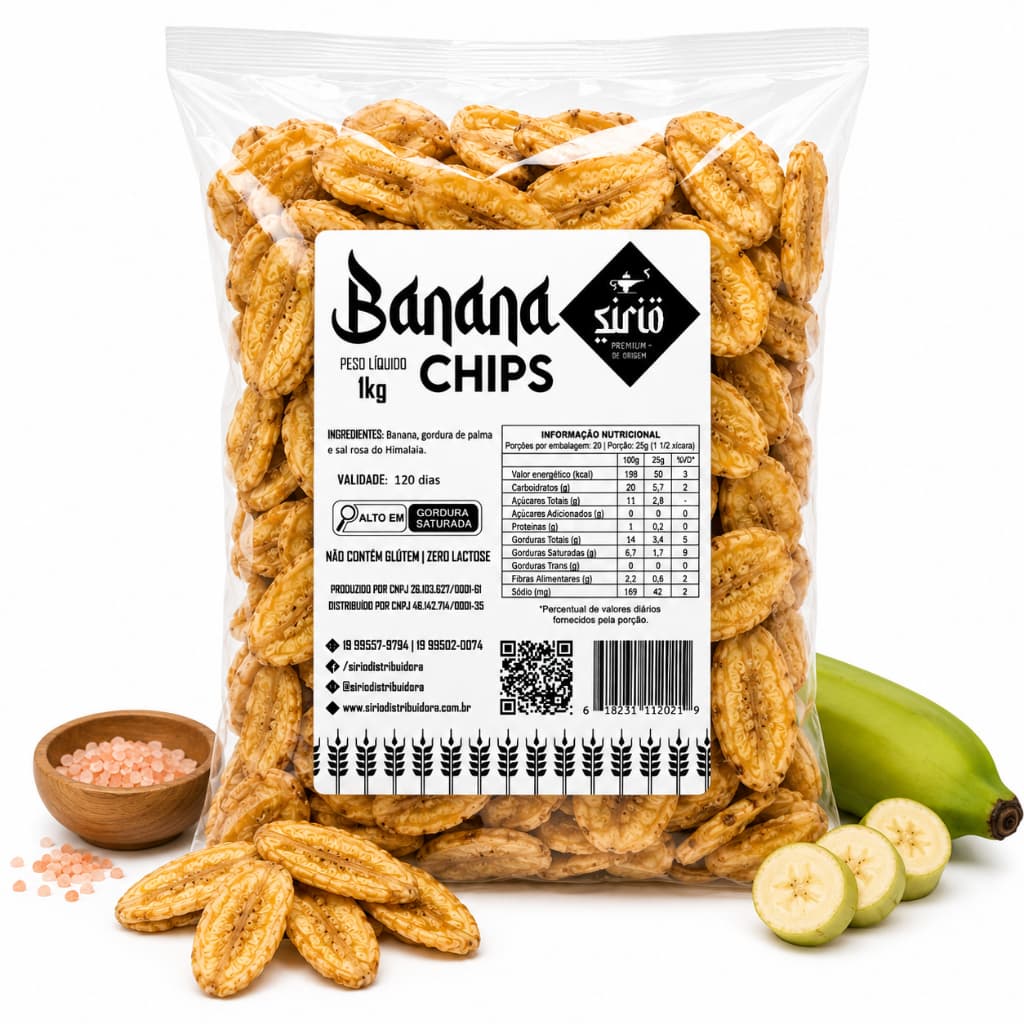 Banana Chips Premium 1kg Salgada Crocante Snack Saudável Natural Sem Glúten com Sal Rosa do Himalaia