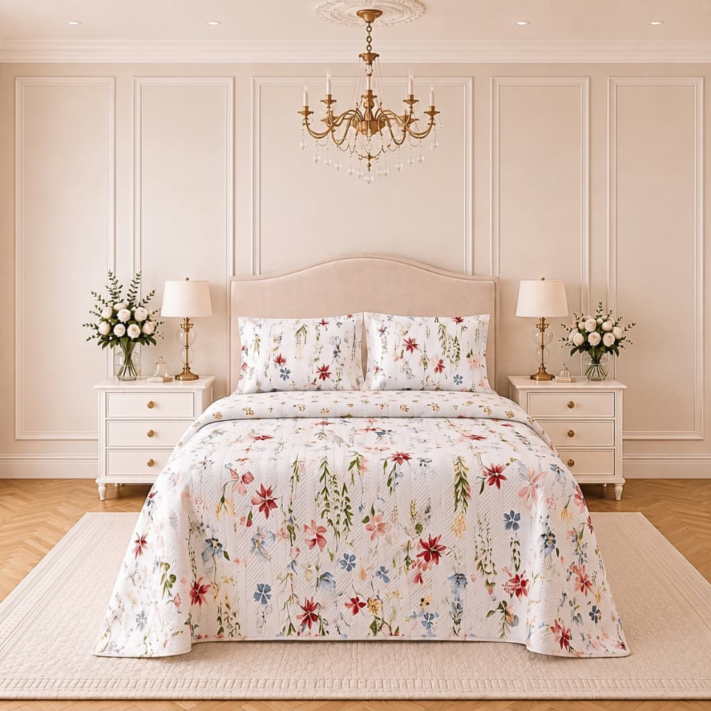 Kit Cobre Leito Colcha Casal Queen King Floral Dupla Face 3 Peças Estampada Boutis Matelado Macia