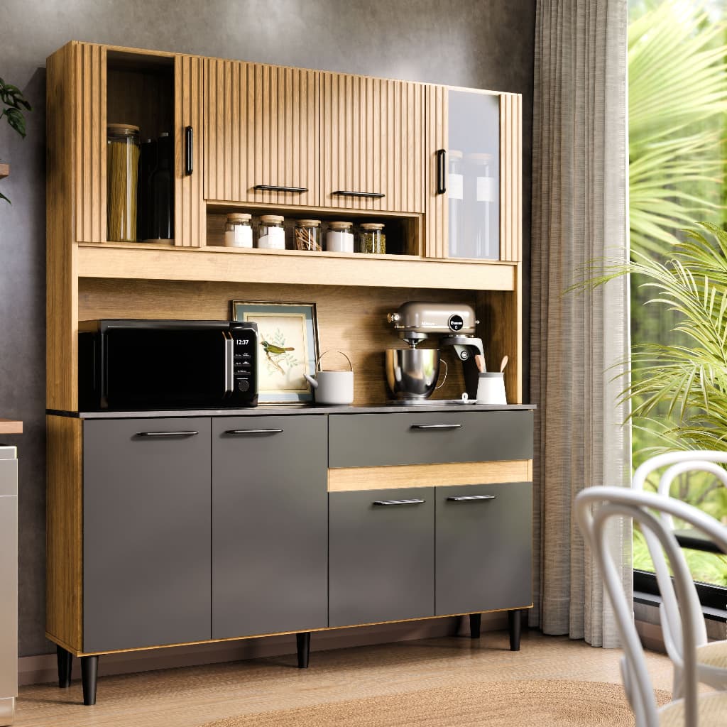 Armário de Cozinha Completa Coral 120cm Com Balcão de 8 Portas e Gaveta Compacta Com Detalhe em Vidro