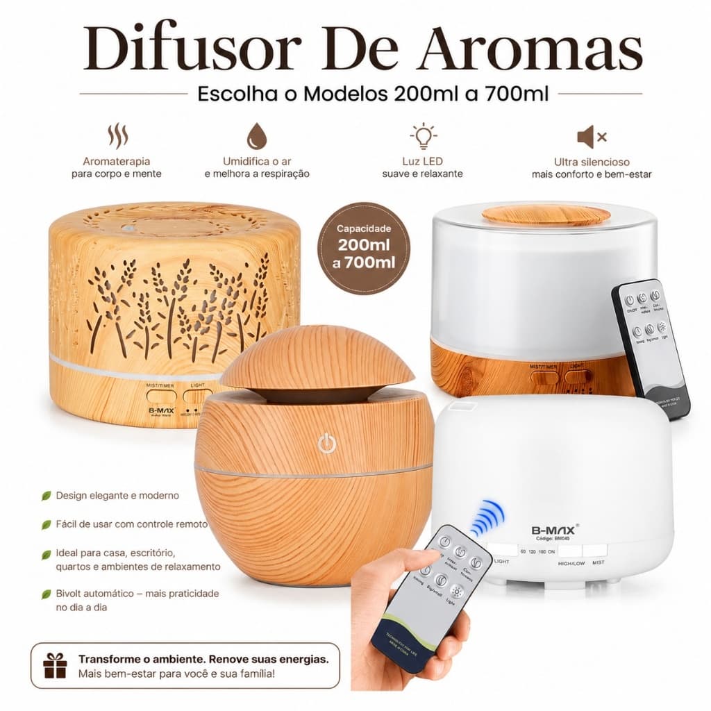 Difusor De Aromas Umidificador De Ar Ultra-Sônico 300Ml, 500ML, 700ml LED Madeira Aromatizador