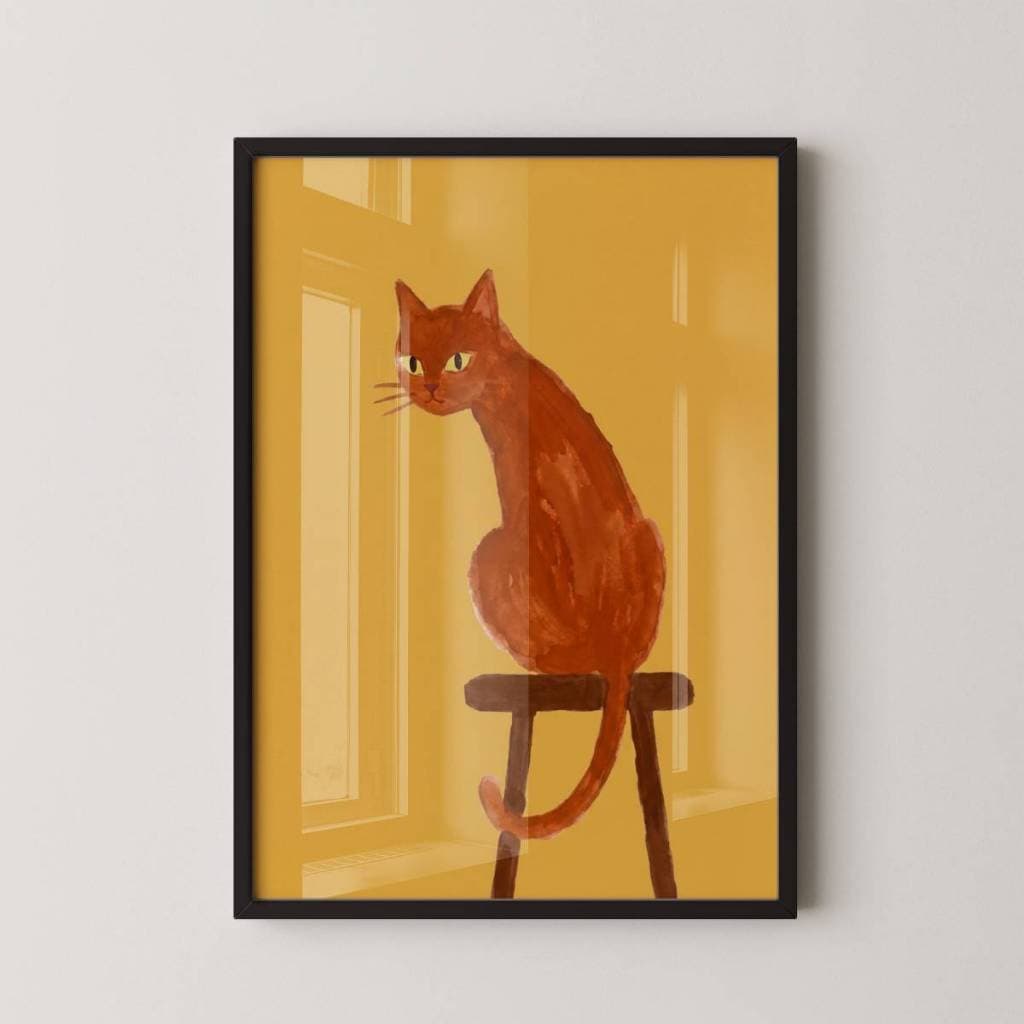 Quadro Decorativo Arte Minimalista Gato Sentado no Banco Com Moldura