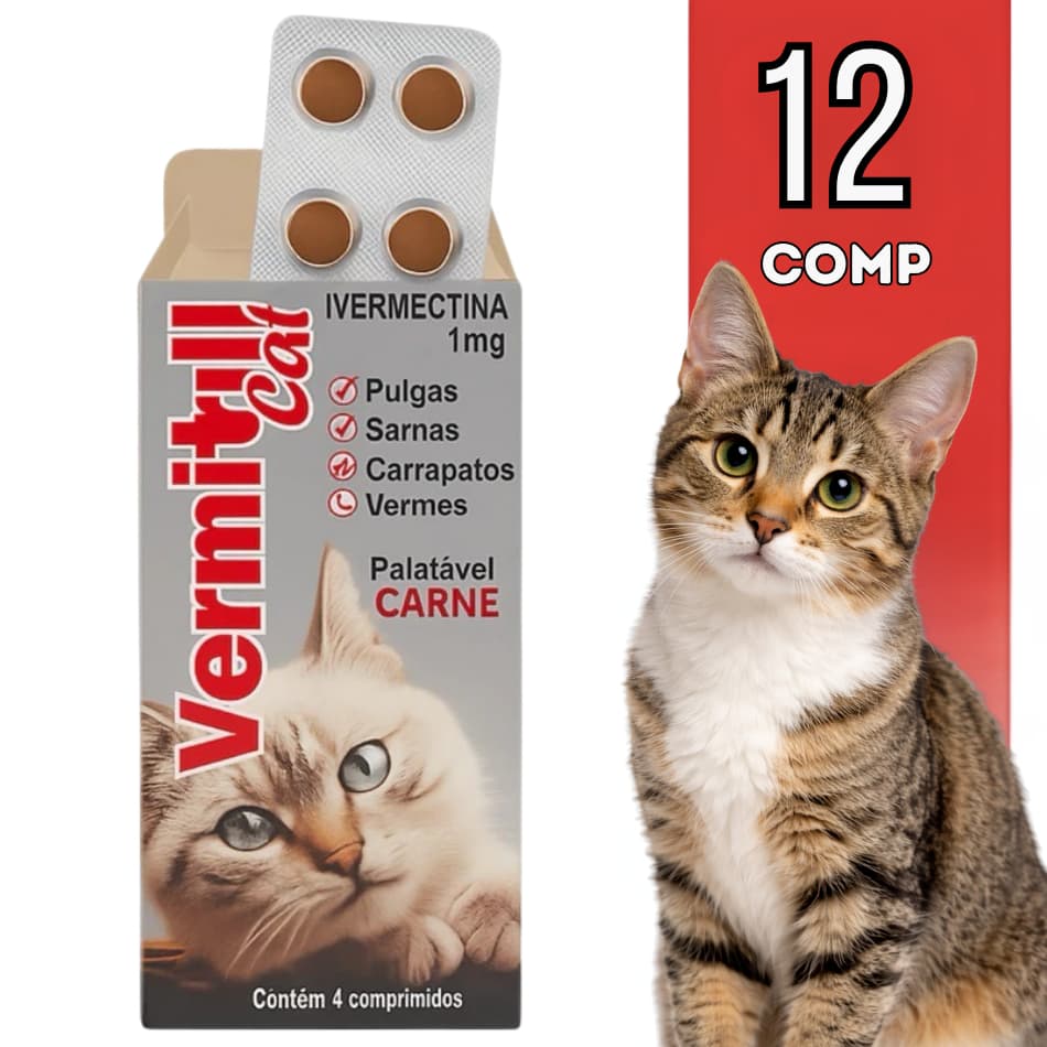 12 Comprimidos Anti Vermes, Carrapatos, Pulgas E Sarnas Para Gatos - Mastigáveis Sabor Carne