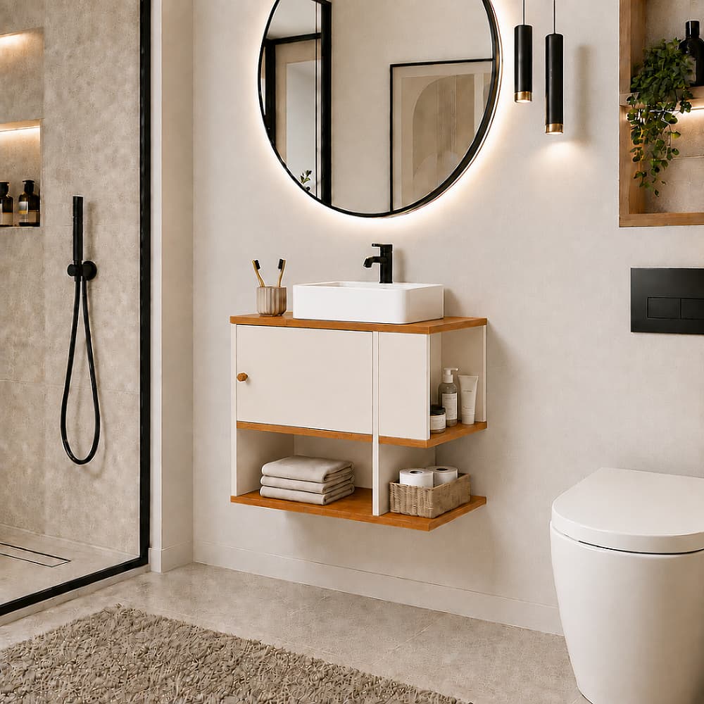 Gabinete Armário para Banheiro Lavabo Moderno com 1 Porta Nicho Lateral e Prateleira Luxo