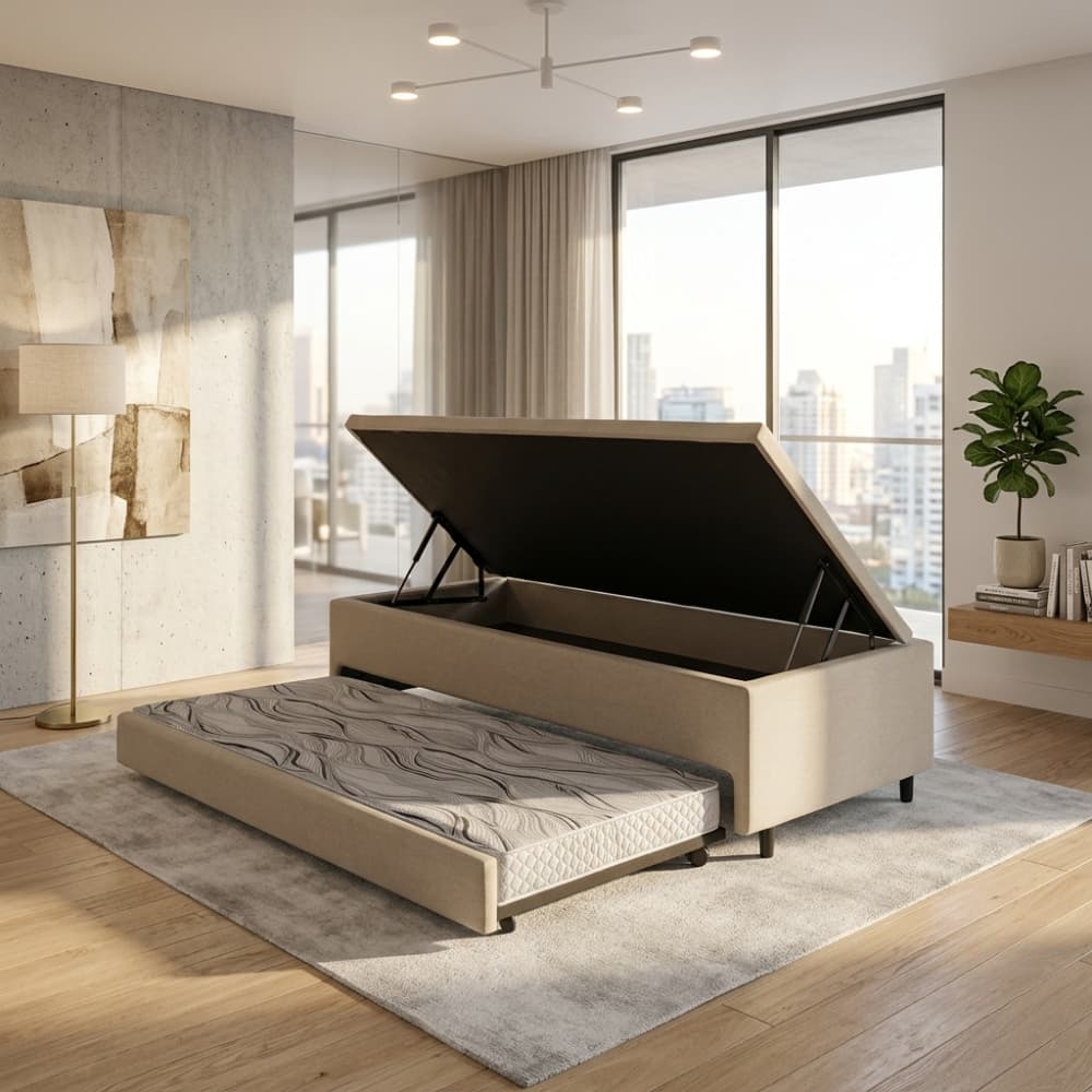 Bicama Box Com Baú Linho 88x188 Com Colchão Auxiliar Ecoflex