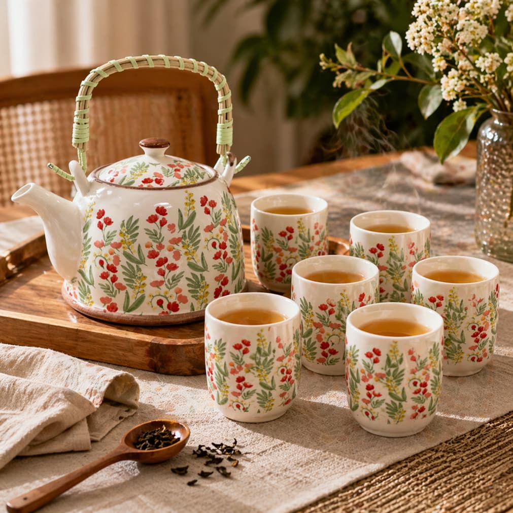 Bule Chaleira Cerâmica Oriental Decorativa com 6 Copos e Infusor Jogo de Chá