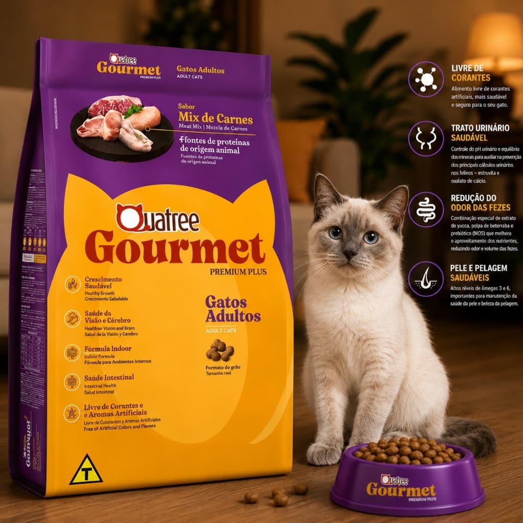 Ração Gato Adulto 10.1KG Quatree Gourmet Sabor Mix de Carnes