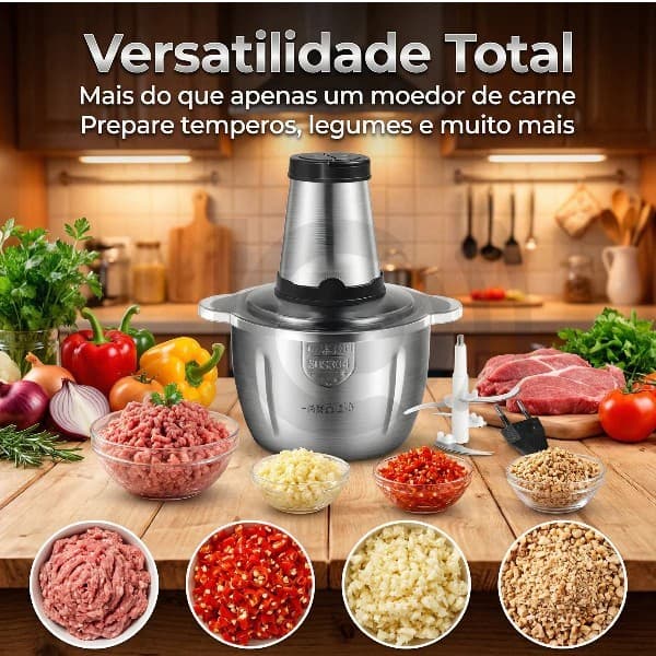 Processador 3L Potente | Moedor de Carne e Picador de Legumes e Temperos | Copo Inox | 110V/220V