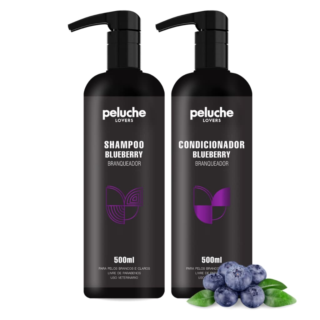Shampoo Pet Branqueador Blueberry + Condicionador 500ml Pelos Claros Cães Gatos Peluche