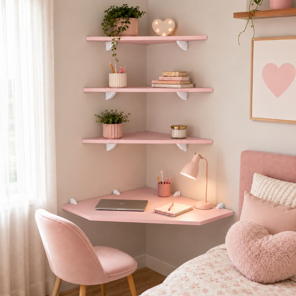 Kit Mesa de Estudo Suspensa com 3 prateleiras para quarto de menina em MDF 15mm