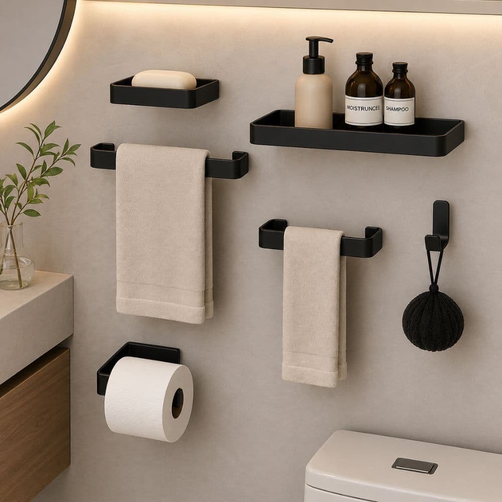 Jogo Banheiro Moderno 6 Peças de Parede - Alumínio Suporte Lavabo Luxo Cabideiro Toalheiro e Shampoo