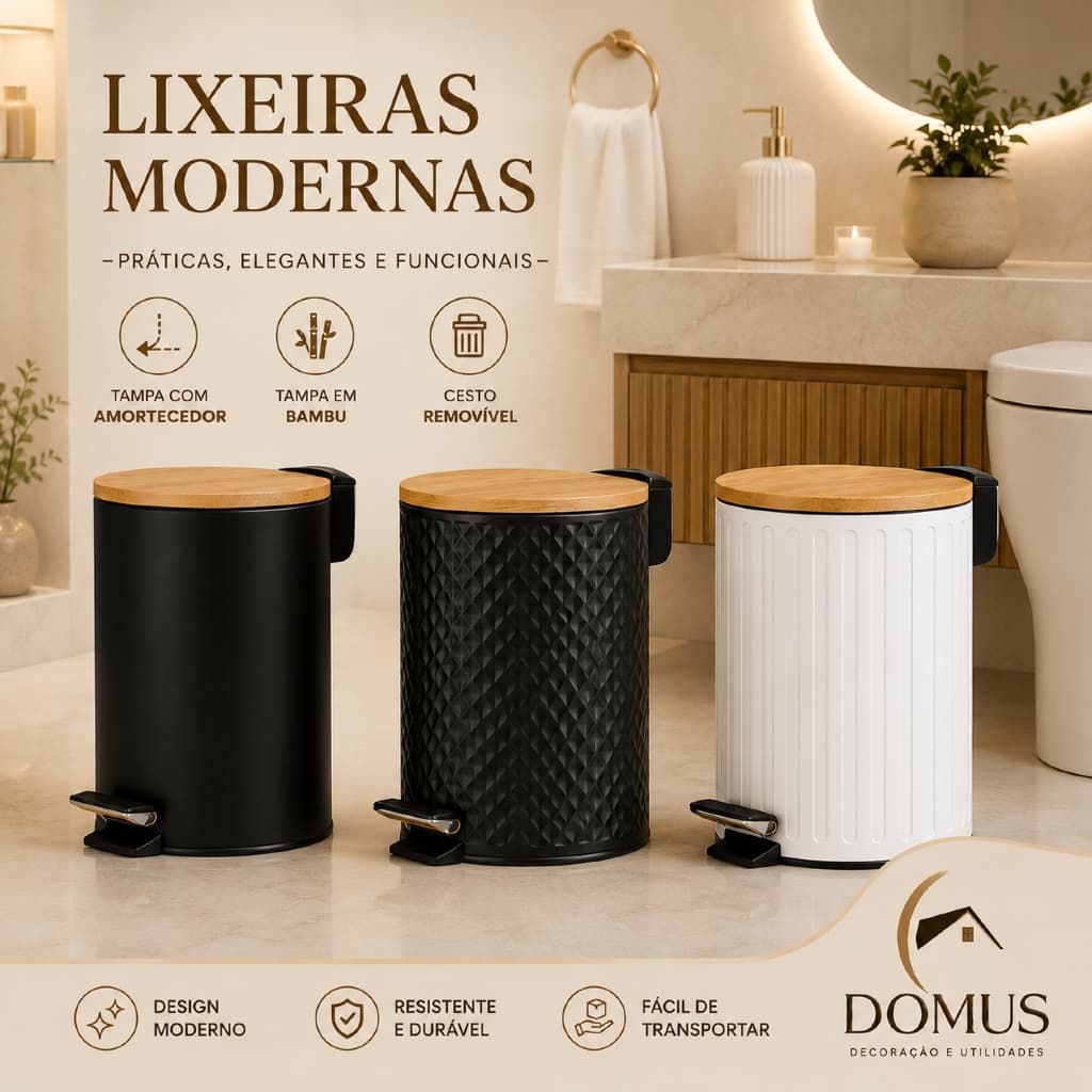 Lixeira Premium 5 Litros Com Tampa Bambu e Pedal Para Casa Banheiro Cozinha em Metal Decorativa