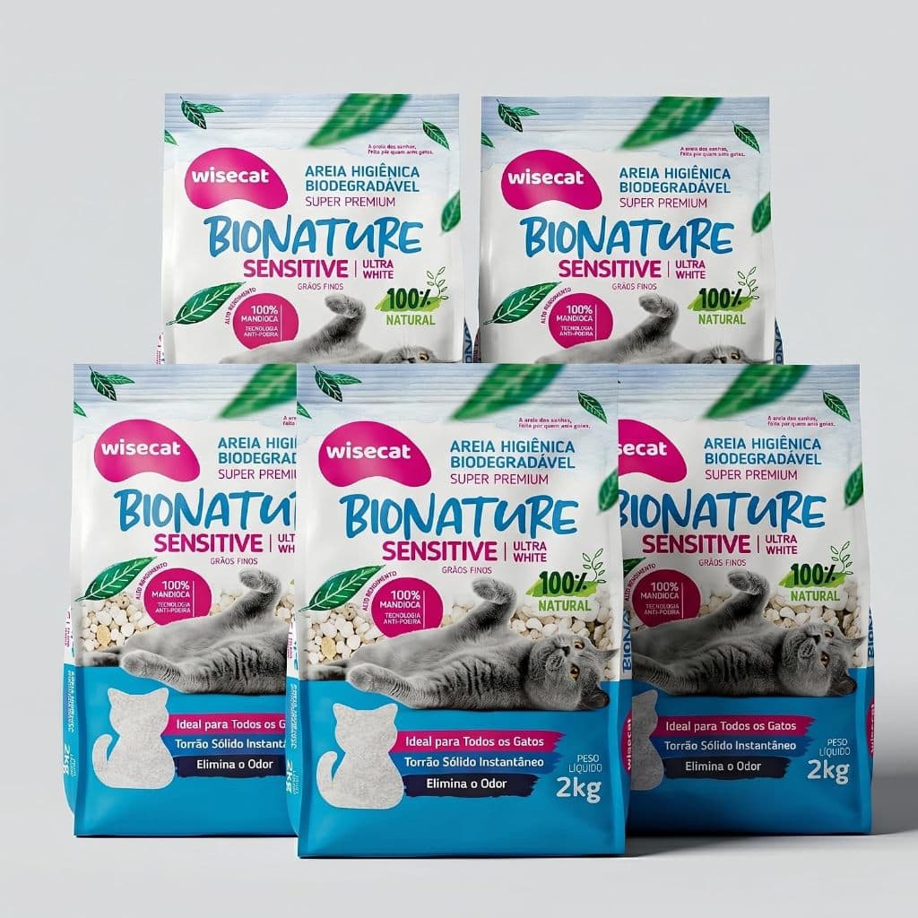 Kit 5 Unidades Areia De Mandioca Para Gatos Wisecat Bionature Sensitive Grãos Finos 2kg