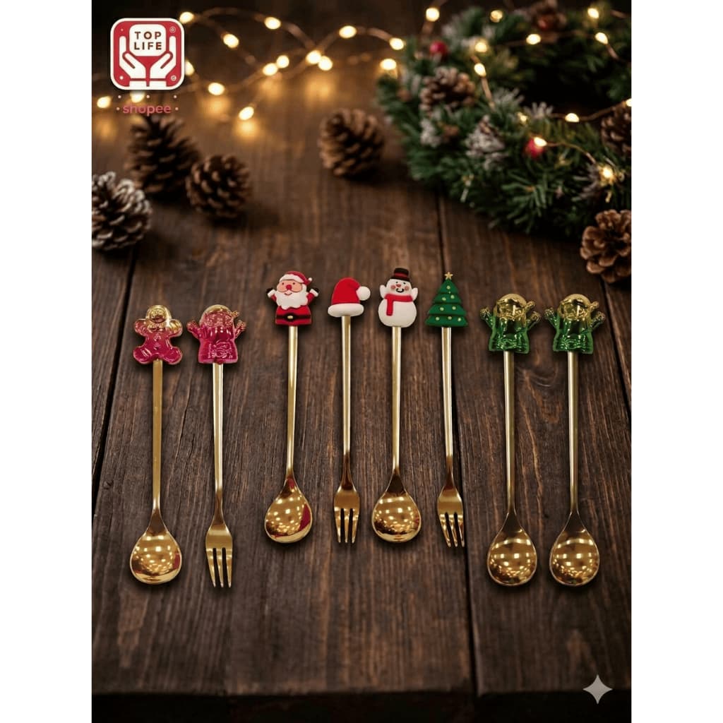Kit 2 ou 4 Pçs Talheres de Natal Colher e Garfo Papai Noel e Gengibre Inox para Celebrar e Decorar Mesa de Presente
