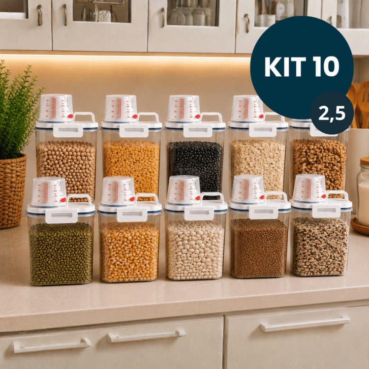 - Kit 10 Pote Hermético Para Alimento Mantimento Arroz Pet Ração Copo Medidor Bico Dosador Tampa 2,5 L