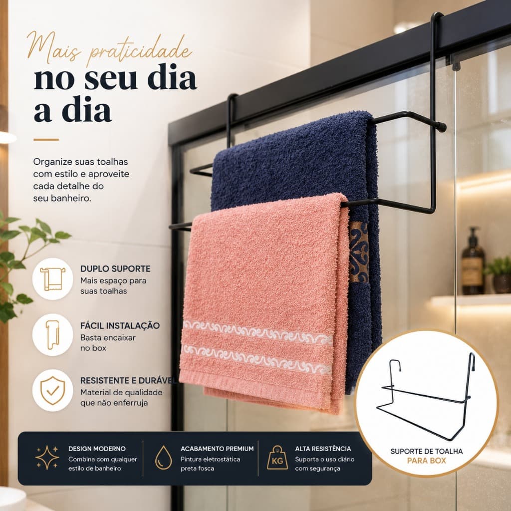 Suporte Duplo Porta Toalha Encaixe Para Box Banheiro Cromado Preto Natal Presente