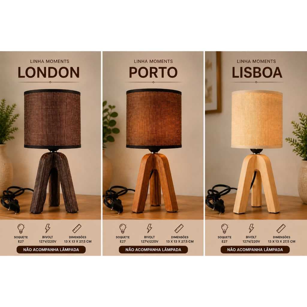Abajur Decorativo Madeira Bivolt 27,5cm Modelo London, Porto e Lisboa quarto e sala