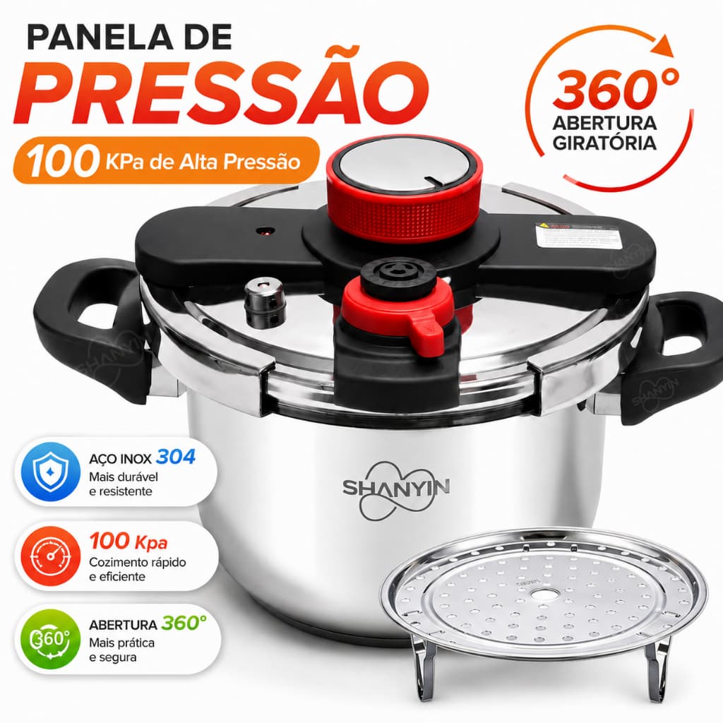 Panela de Pressão Reforçada e Espessa em Aço Inox 304  com Cesto para Vapor  Fundo Triplo para Fogão a Gás e Indução