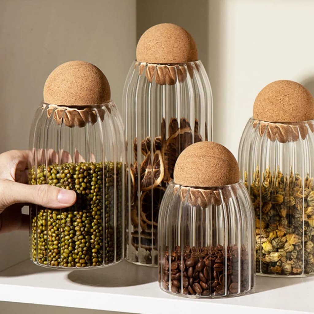 Pote de Vidro Tampa Bola Esfera Cortiça, Mantimentos Café Biscoitos Decoração Enfeite Vela Artesanal