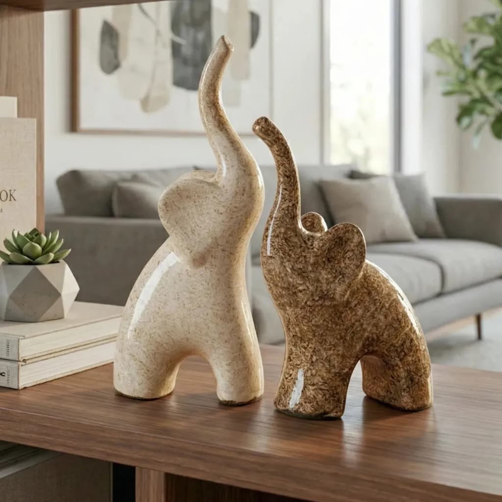 Escultura Elefantes Cerâmica Premium Decoração Enfeite Rack Sala Moderno