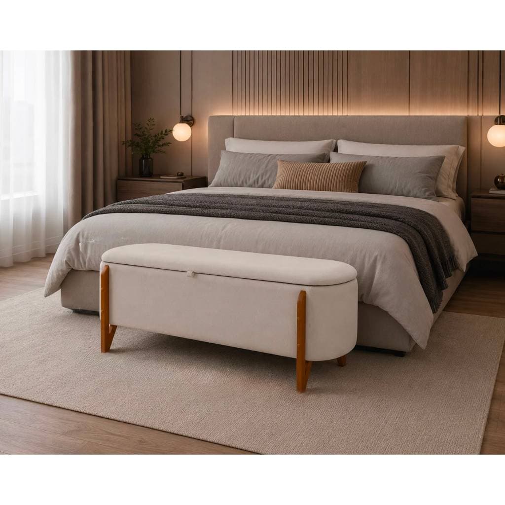 Baú Oval 100 cm – Banco Organizador Estofado com Espaço Interno | Design Moderno para Quarto, Sala e Hall