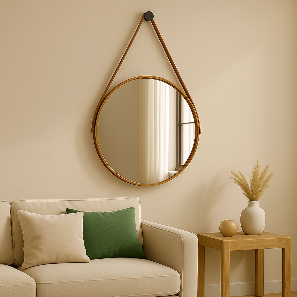 Espelho Redondo Decorativo Adnet com Alça e Suporte Couro 60cm 50cm 40cm 30cm Sala Banheiro Quarto