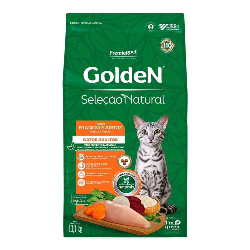 Ração Golden Seleção Natural Gatos Adultos Frango e Arroz 10,1kg