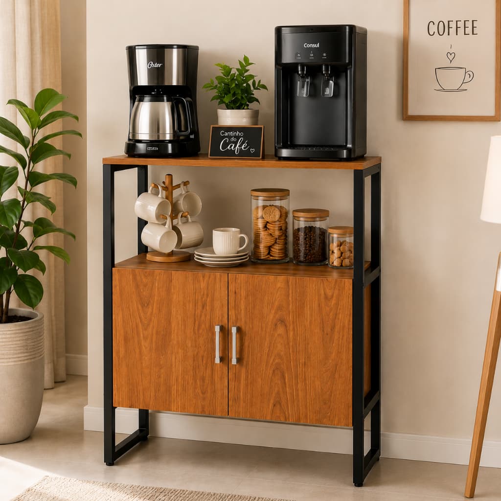 Aparador Buffet Industrial Multiuso 2 Portas com Prateleira 70cm para Sala Cozinha Cantinho do Café