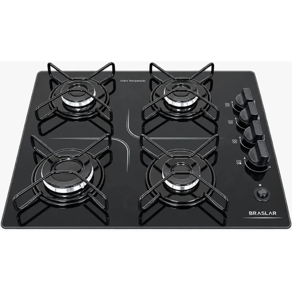 Fogão Cooktop Braslar Pop à Gás 4 Bocas Mesa de Vidro Preto Bivolt - Acendimento automático