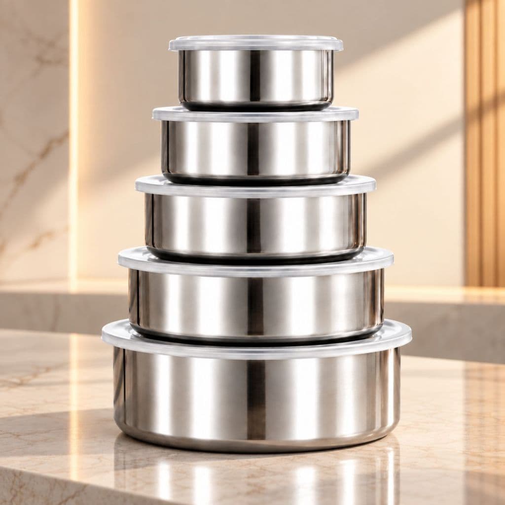 Kit 5 Tigelas Inox Com Tampa Potes Redondos 250ml a 1200ml Jogo de Pote Hermético Cozinha