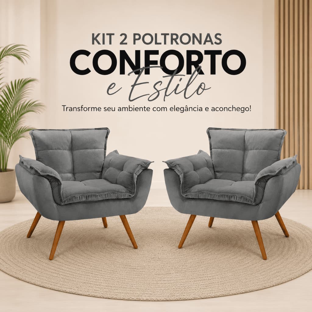 Kit 2 Poltronas Opala Estofadas Design Moderno Sala de Estar