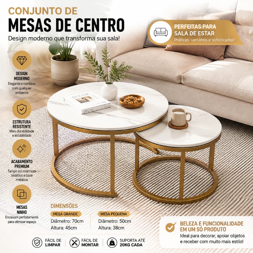 Conjunto Mesa de Centro Ninho 2 Mesas Redondas Moderna Elegante para Sofá Sala Estar Decoração Casa