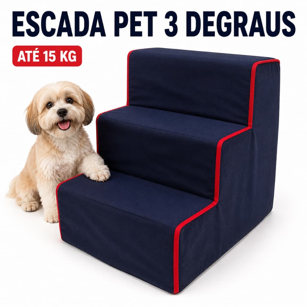 Escada Pet 3 Degraus para Cachorro e Gato Espuma D20 até 15kg para Sofá e Cama