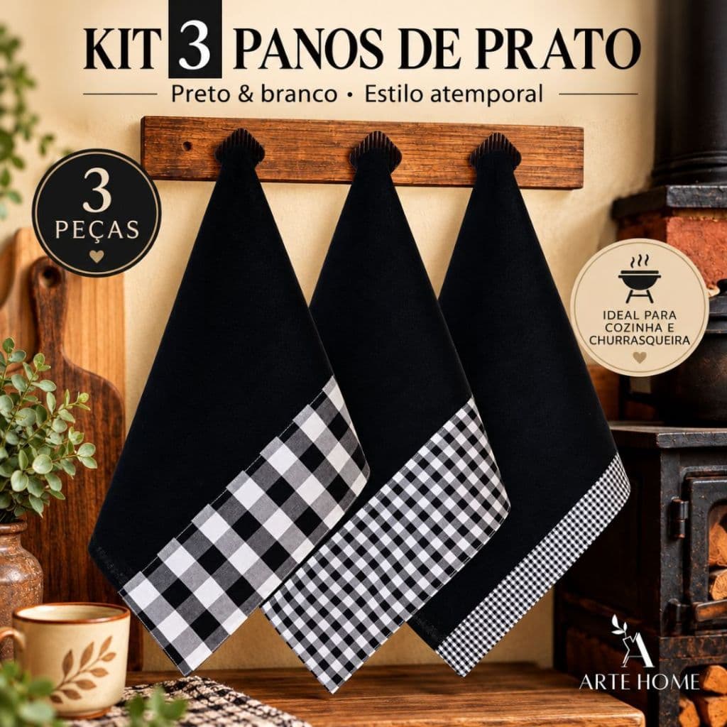 kit 3 Panos de Prato Preto Churrasco | Área Gourmet | Cozinha | Fogão a Lenha
