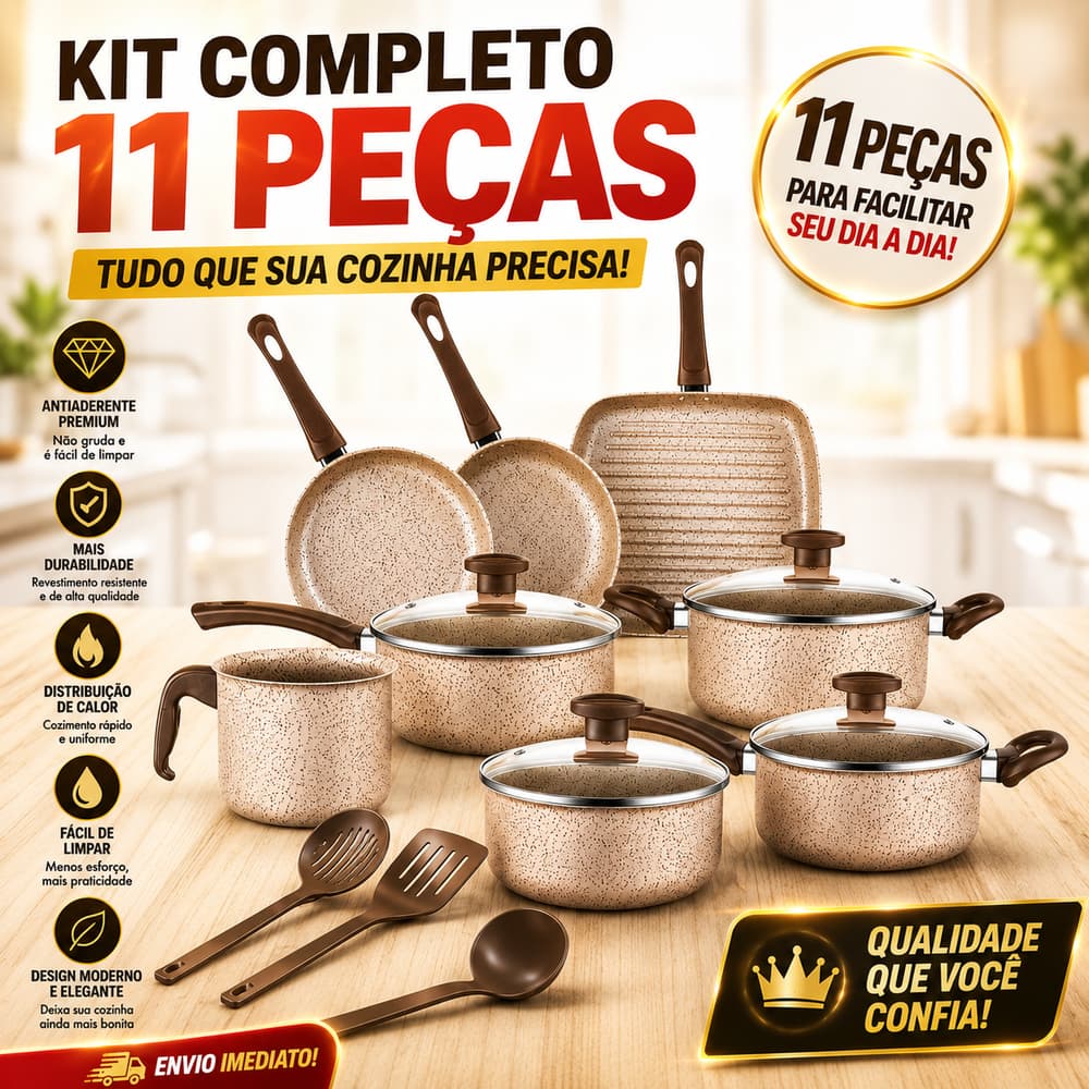 Jogo de Panelas Antiaderente 8, 10 ou 11 Peças - Com Tampas de Vidro e Utensílios