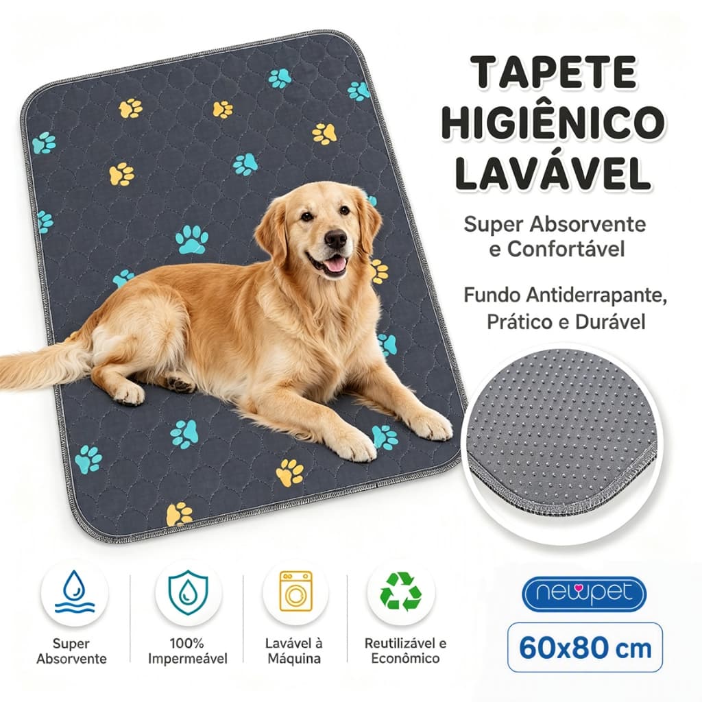 [600 Lavagens] Tapete Higiênico Cinza Escuro Lavável 80x60cm para Cachorro Super Absorvente Impermeável Reutilizável