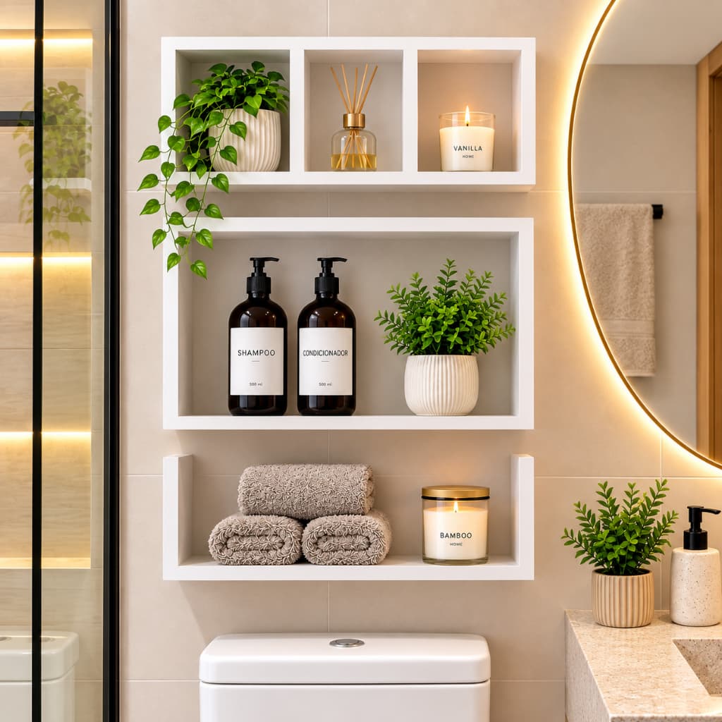 Kit 3 Prateleiras Nichos para Banheiro Organizador em Freijo ou Branco decorativo 100% Mdf