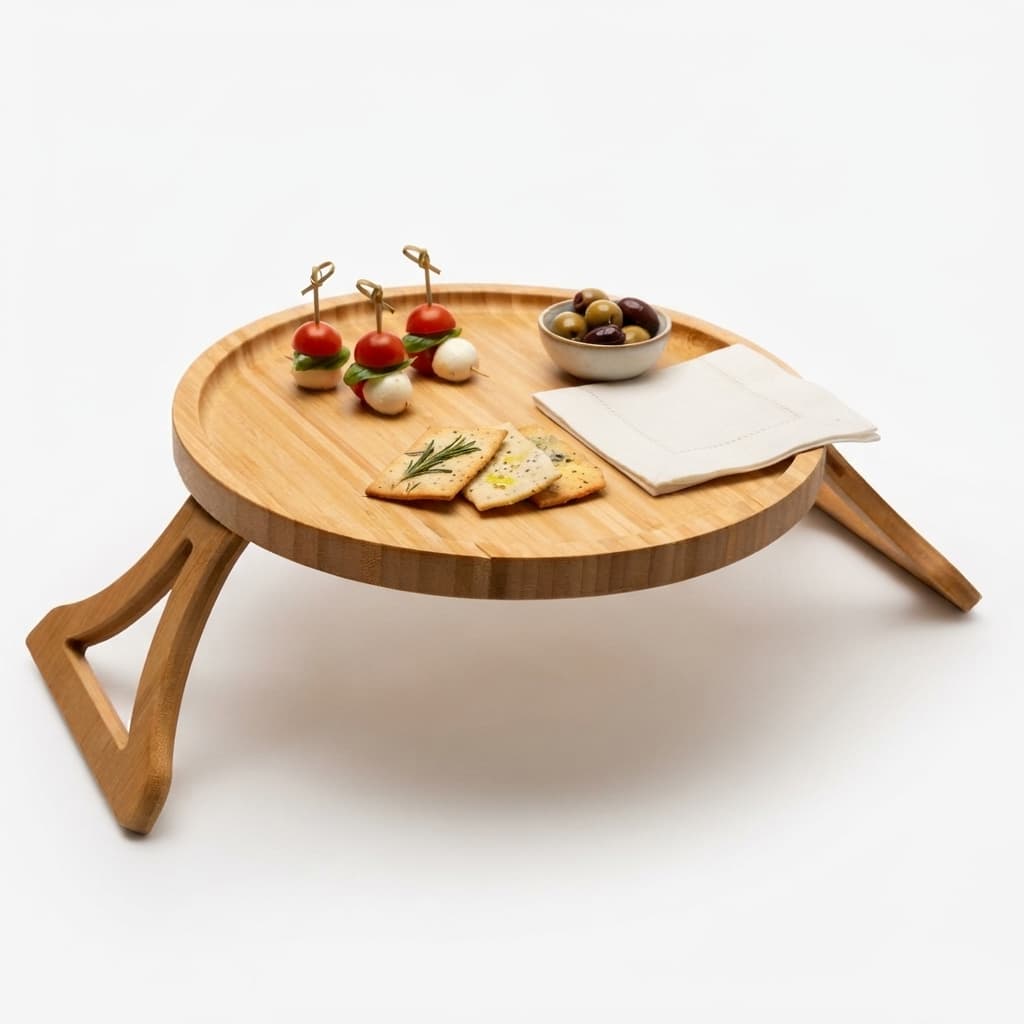 Bandeja Lyor de Bambu Dobrável para Braço de Sofá 25cm Suporte Flexível para Copos e Pratos na Sala Prática e Resistente