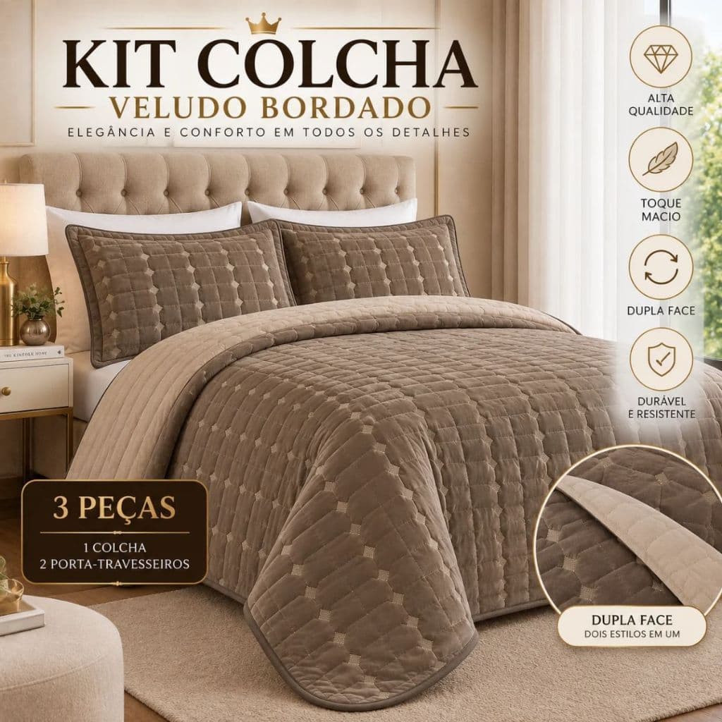 Colcha Cobre Leito Veludo Bordado Matelado 3 Peças Dupla Face Premium Macio de Luxo