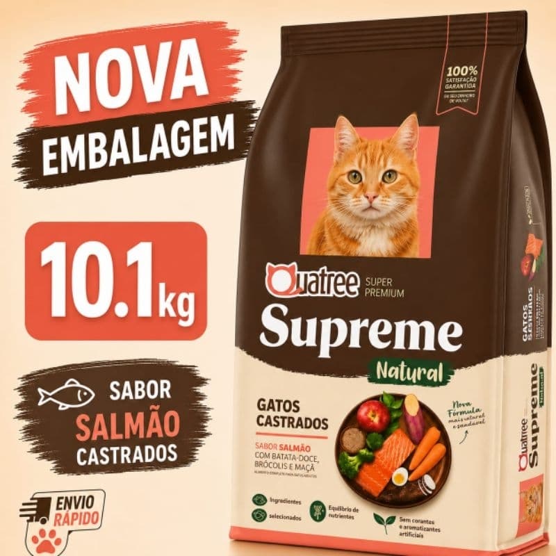 Ração Super Premium para Gatos Castrados 10kg Quatree Supreme Natural sabor salmão