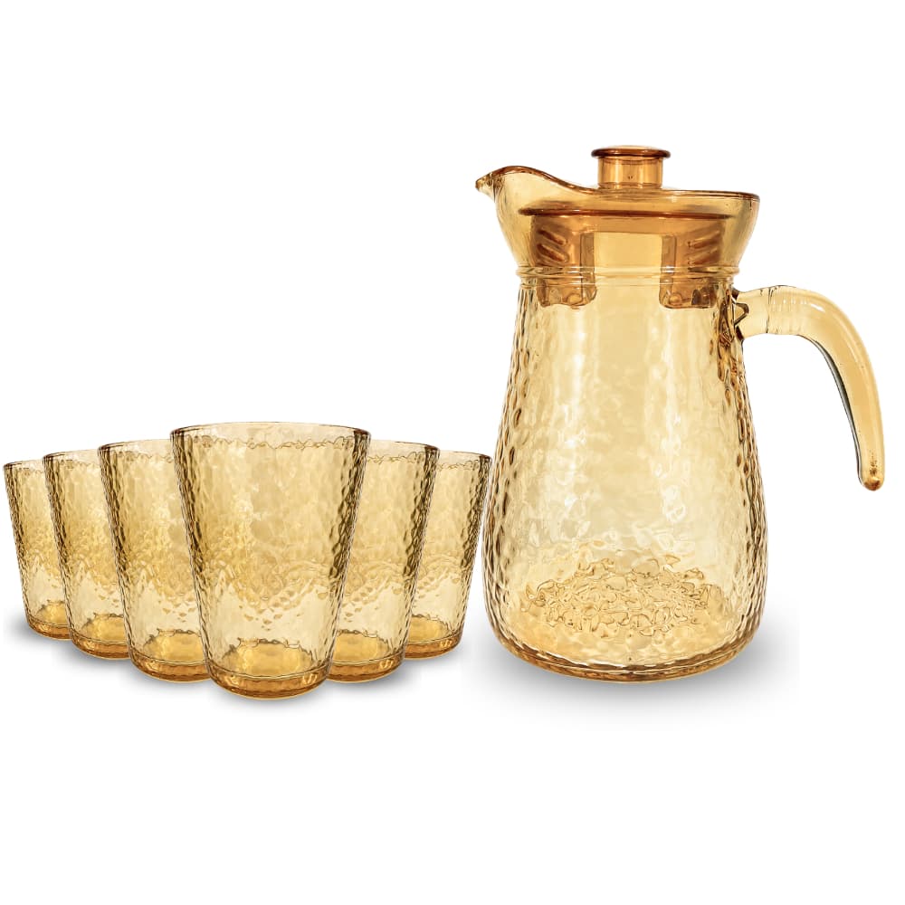 Jarra Dourada + 6 Copos de Vidro | Jogo 7 Peças Elegante para Água, Suco e Drinks