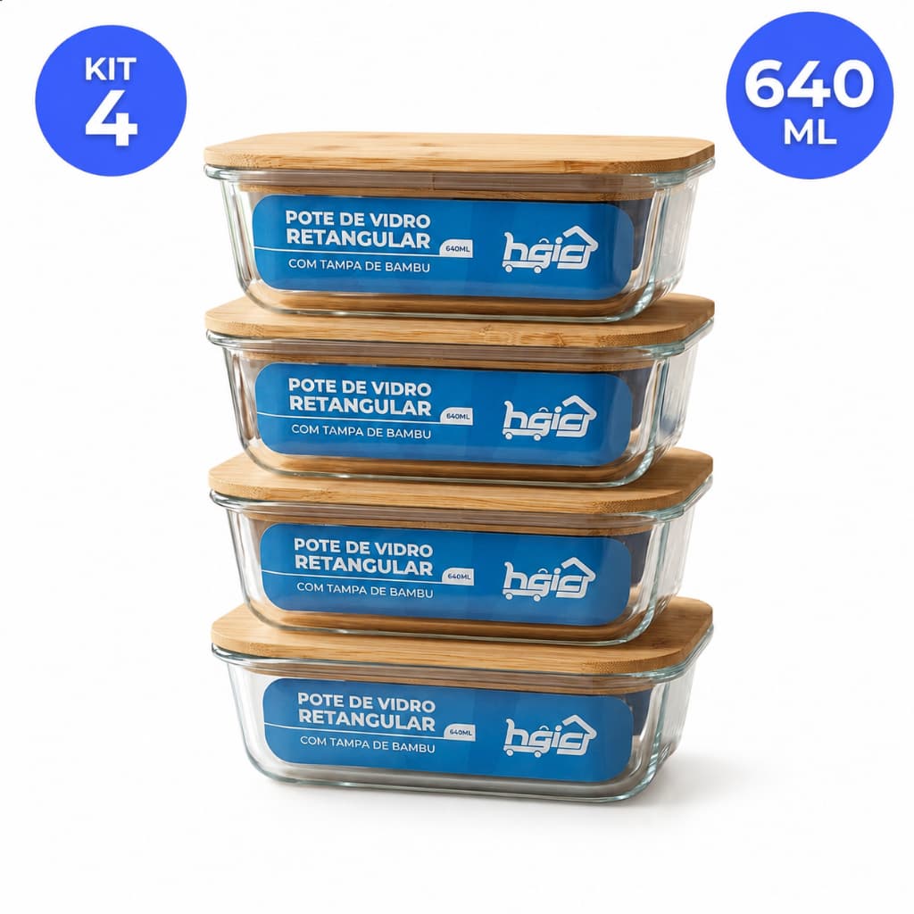 Kit 4 Potes de Vidro Herméticos 640ml Tampa de Bambu Retangular Marmita Forno Micro-ondas Freezer